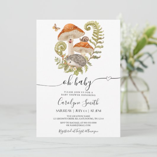 Mushroom Hedgehog Ladybeet Baby shower Invitation Kaart (Staand voorkant)