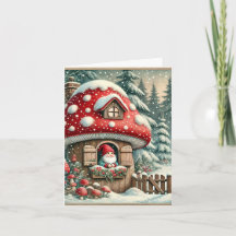 Mushroom House Christmas Kaart met Gnome