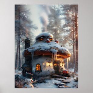 Mushroom huis in de sneeuw poster