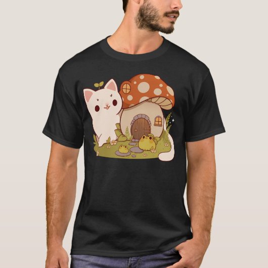 Mushroom huis met kat en kikker vrienden t-shirt (Voorkant)