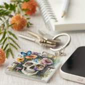 Mushroom Skull Floral Waterverf Kunst Sleutelhanger (Voorkant Rechts)