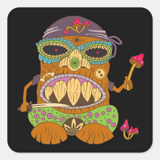 Mushroom Tiki Chef, Grappige Zwarte Vierkante Sticker (Voorkant)