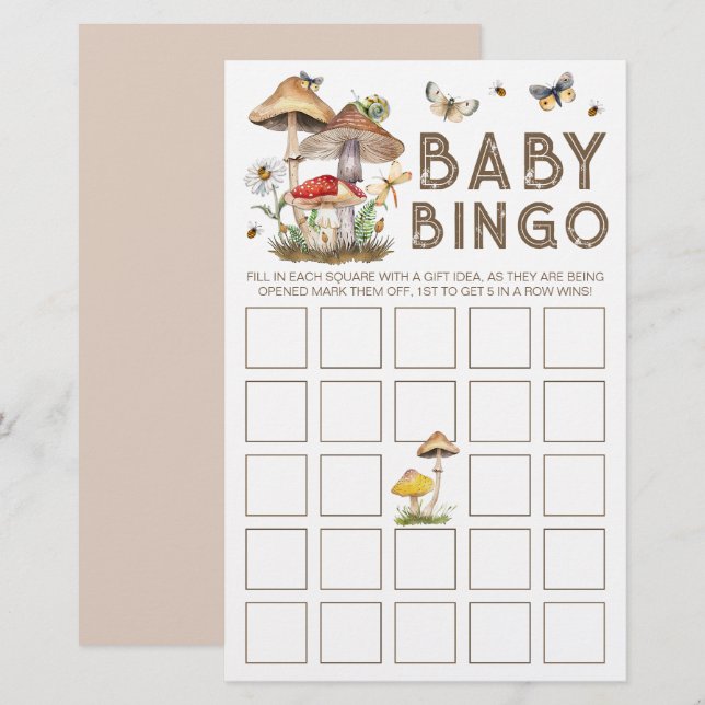 Mushroom Woodland Baby shower Bingo Kaart | grilli (Voorkant / Achterkant)