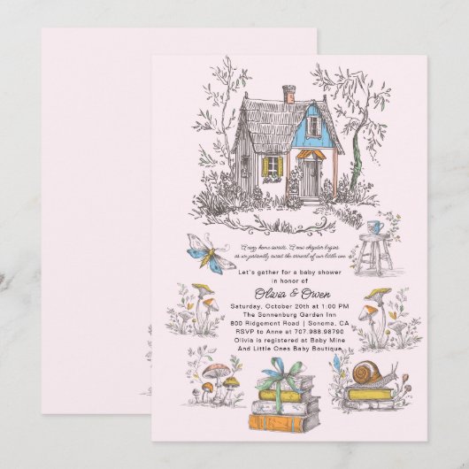 Mushroom Woodland Pink Girl Baby Shower Kaart (Voorkant / Achterkant)