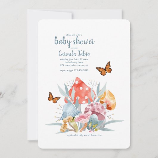 Mushrooms and Butterflies Baby shower Invitation Kaart (Voorkant)