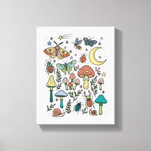 Mushrooms en Bugs Night Forest Kinder kamer Canvas Afdruk (Voorkant)