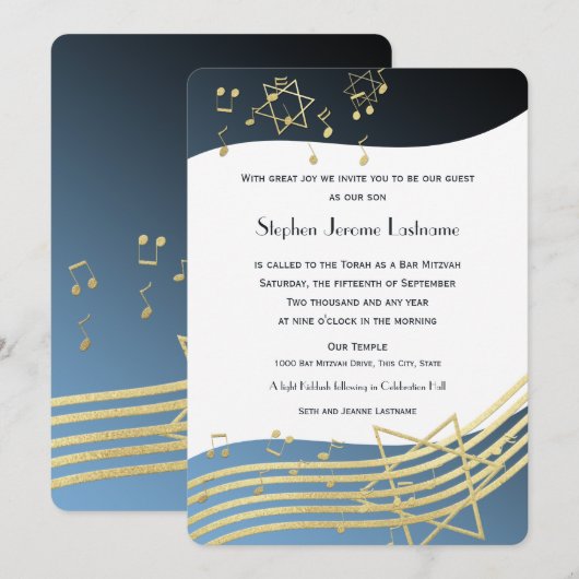 Music Bar Mitzvah Blue en Gold Invitation Kaart (Voorkant / Achterkant)