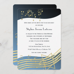 Music Bar Mitzvah Blue en Gold Invitation Kaart