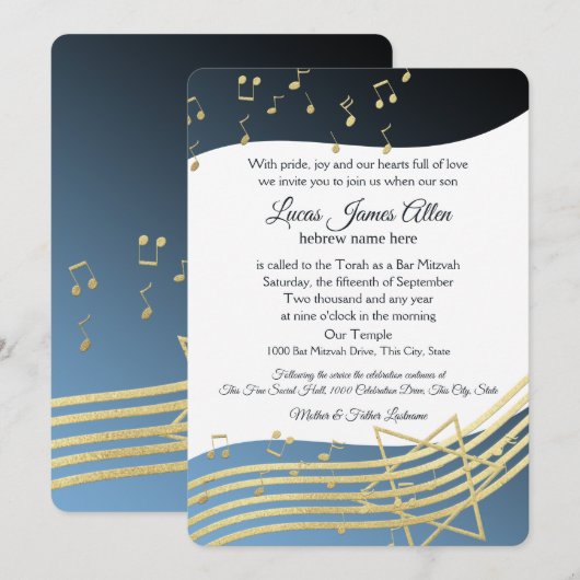 Music Bar Mitzvah Blue en Gold Invitation Kaart (Voorkant / Achterkant)