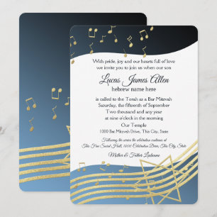 Music Bar Mitzvah Blue en Gold Invitation Kaart