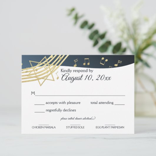 Music Bar Mitzvah Gold-respons RSVP Kaartje (Staand voorkant)