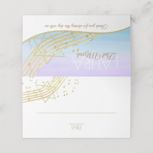 Music Bat Mitzvah Blue en Gold Seating Kaart Plaatskaartje (Buitenkant ongevouwen)