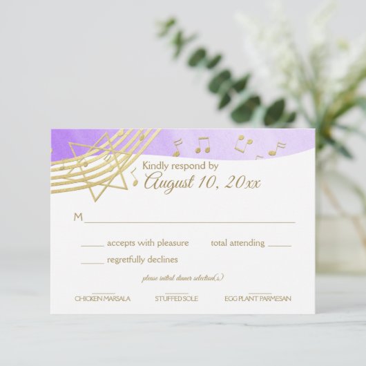 Music Bat Mitzvah Paarse gouden reactie RSVP Kaartje (Staand voorkant)