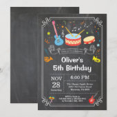 Music Birthday Party Invitation Chalkboard Kaart (Voorkant / Achterkant)