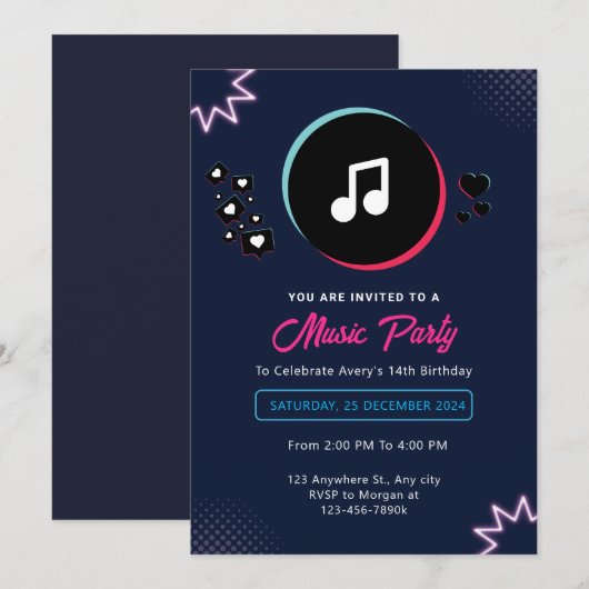 Music Birthday Party Uitnodiging (Voorkant / Achterkant)