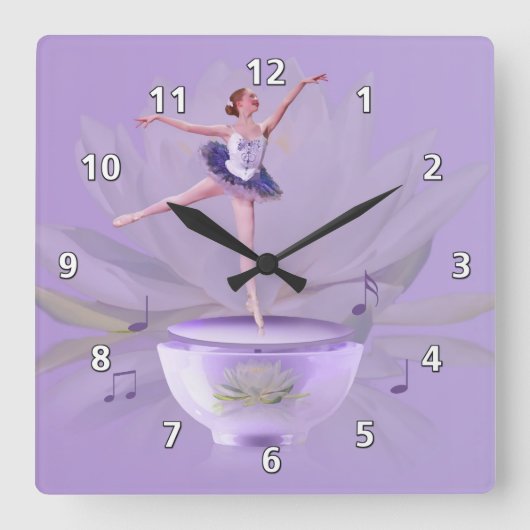 Music Box Ballerina met Water Lily Vierkante Klok (Voorkant)
