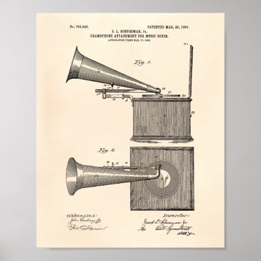 Music Boxs 1904 Patent Art Old Peper Poster (Voorkant)