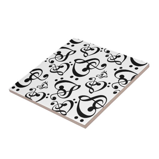 Music Clef Hearts Black en White Pattern Tegeltje (Zijkant)
