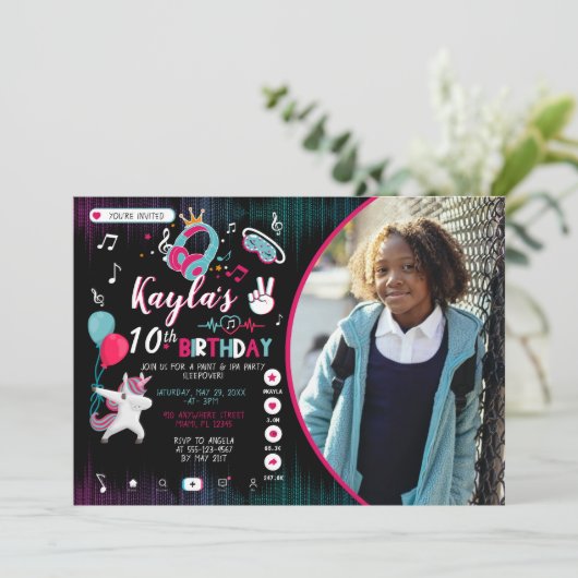 Music Dance Party Photo Birthday Invitation Kaart (Staand voorkant)