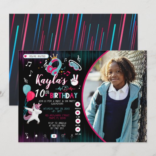 Music Dance Party Photo Birthday Invitation Kaart (Voorkant / Achterkant)