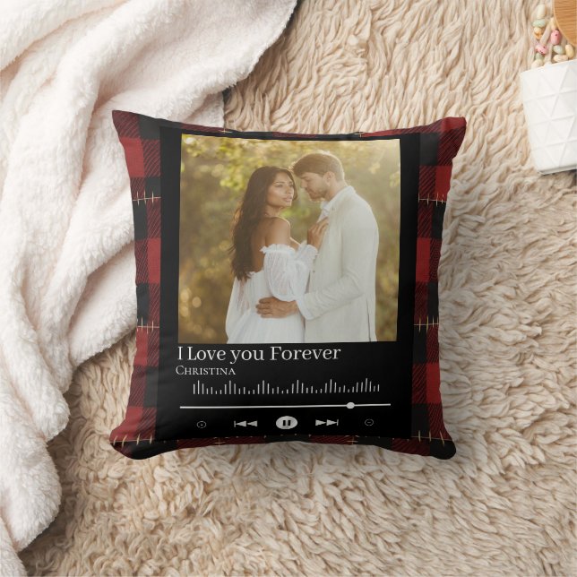Music Frame Couple Photo Red Plaid  Name & Title  Kussen (Deken)