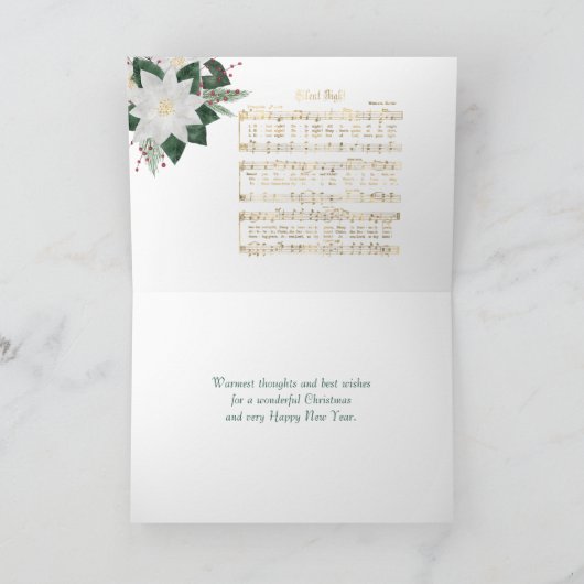 Music Gold White Poinsettia Silent Night Kerstmis Feestdagen Kaart (Binnen)