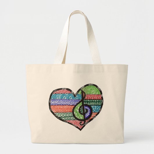 Music Heart Treble Clef Doodle Grote Tote Bag (Voorkant)