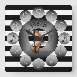 Music House Clock ~ Harp ~ Spiral Scale ~ Stripes  Vierkante Klok