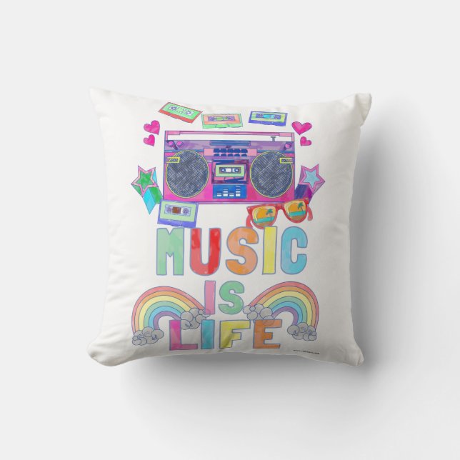 Music is Life Fun Retro Music Cartoon Slogan Kussen (Voorkant)
