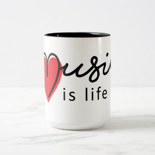 Music is life. Muziek is mijn leven, met hartje. Tweekleurige Koffiemok