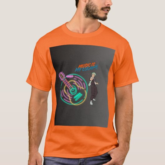 Music Is My Escape – Neon Guitar & Anime Boy  T-shirt (Voorkant)
