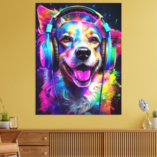 Music lover dog canvas afdruk (Insitu (Woonkamer))