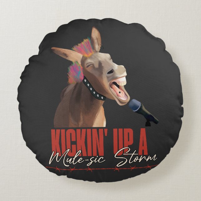 Music Lover Punny Rockstar Donkey Rond Kussen (Voorkant)
