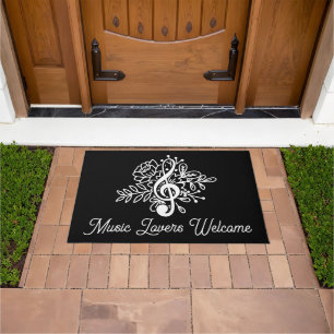 Music Lovers Welcome Black Floral Treble Clef Deurmat