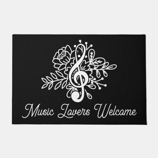 Music Lovers Welcome Black Floral Treble Clef Deurmat (Voorkant)