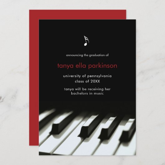 Music Major Piano Afstuderen Invitation Aankondiging (Voorkant / Achterkant)