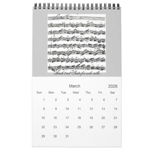 Music Manuscript-uittreksels van het lopende jaar Kalender (Mar 2026)