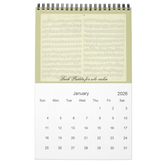 Music Manuscript-uittreksels van het lopende jaar Kalender (Jan 2026)