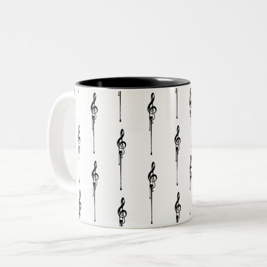 Music Motif Melting Treble Clef Black en White Tweekleurige Koffiemok (Voorkant links)