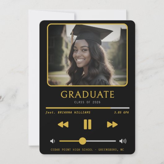 Music MP3 Player Black & Gold Graduation Aankondiging (Voorkant)
