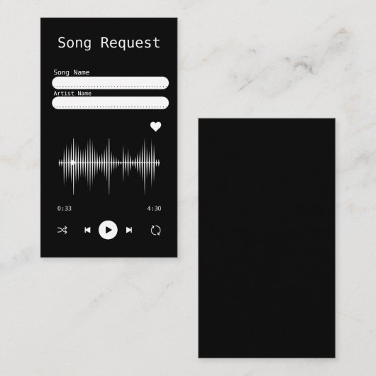 Music Player Black Song Request Card Informatiekaartje (Voorkant / Achterkant)