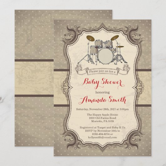 Music Rock Star Drum Baby shower Uitnodiging (Voorkant / Achterkant)