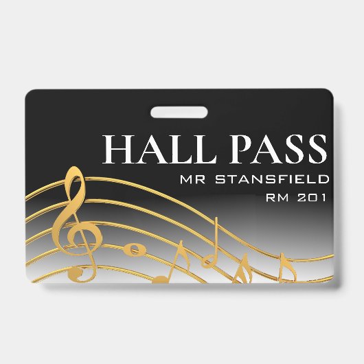 Music Teacher School Classroom Hall Pass Badge (Front)