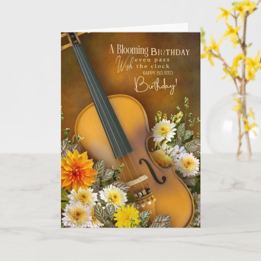 Music Theme Belated Birthday Card – Violin Kaart (Gele Bloem)