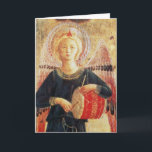 MUSICAL ANGEL FEESTDAGEN KAART<br><div class="desc">Italiaans meesterwerk van wijlen middeleeuwen uit Fra Beato Angelico: Muziek die engel detail maakt uit Linaioli Tabernacle 1433 Italië,  ontwikkeld met een heldere 3D-rode roodbruine steen.</div>