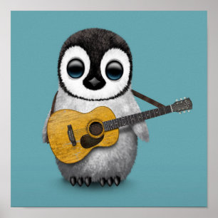 Musical Baby Penguin Speling Guitar Blue Poster