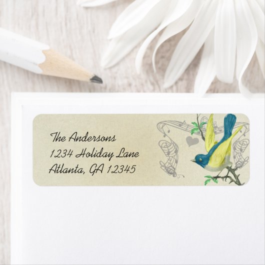  Musical Bird Blue Green & Yellow op Stone Etiket (Insitu)