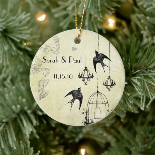 Musical Birds Black & Grey 3 Chandeliers Keramisch Ornament (Boom)