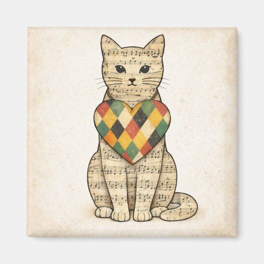 Musical Cat Collage with Harlequin Heart Magneet (Voorkant)