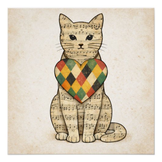 Musical Cat Collage with Harlequin Heart Perfect Poster (Voorkant)